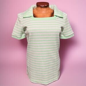 VINTAGE 70s Seafoam Striped Square Neck Blouse Size S Retro Lucky Tops